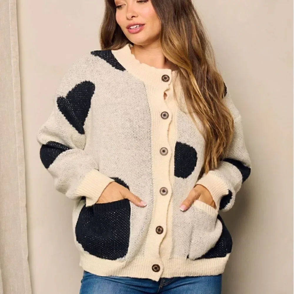 Popular Cow Hide Knit Pattern Button Front Cardigan Sweater Black Cream Pockets